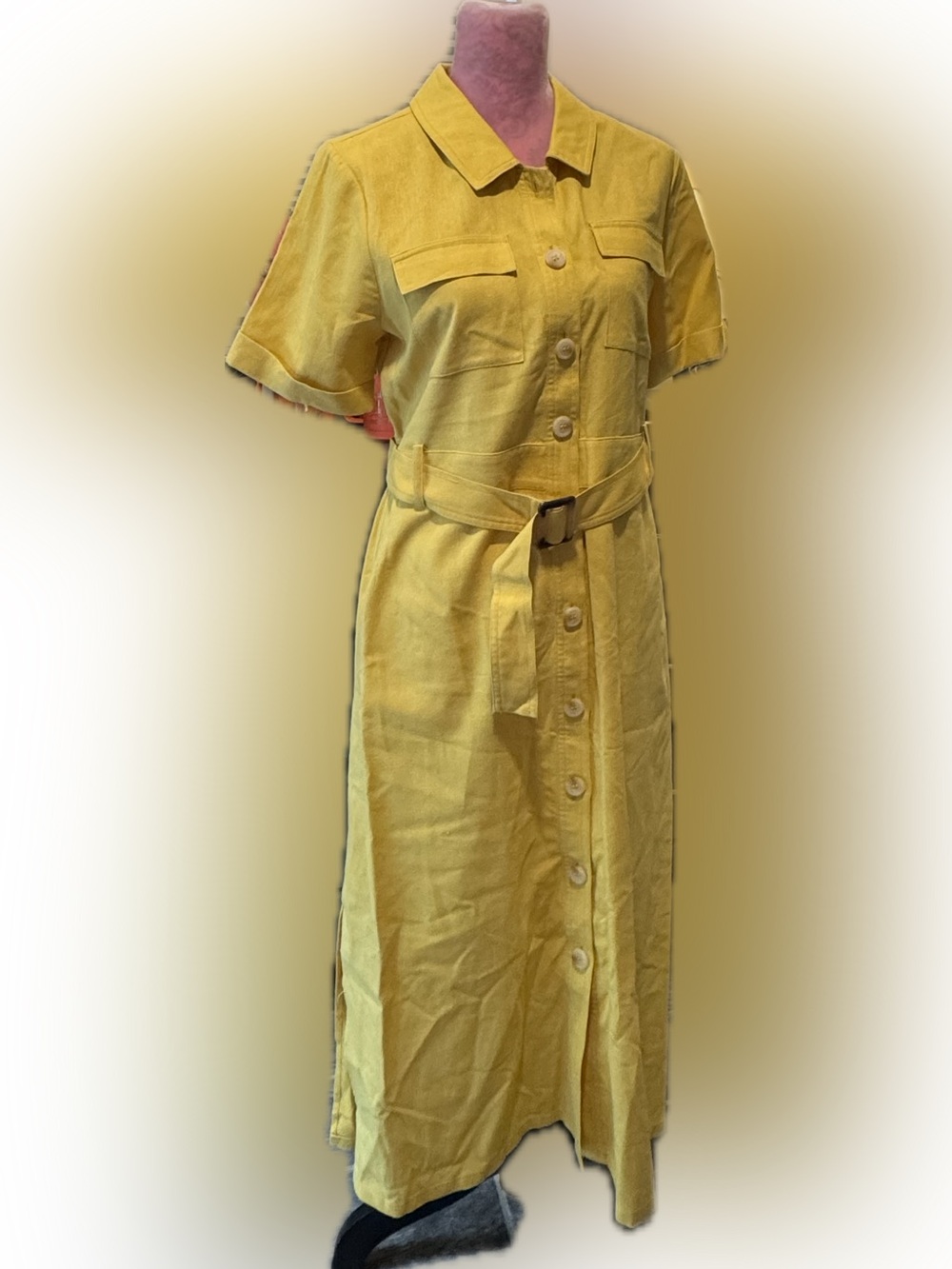 Code X Mode Yellow Button-Front Midi Shirt Dress with Elastic Waist And Belt
